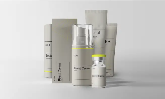 Progesterone, Bi-est Cream, Testosterone and Estradiol Hone products displayed on a table.